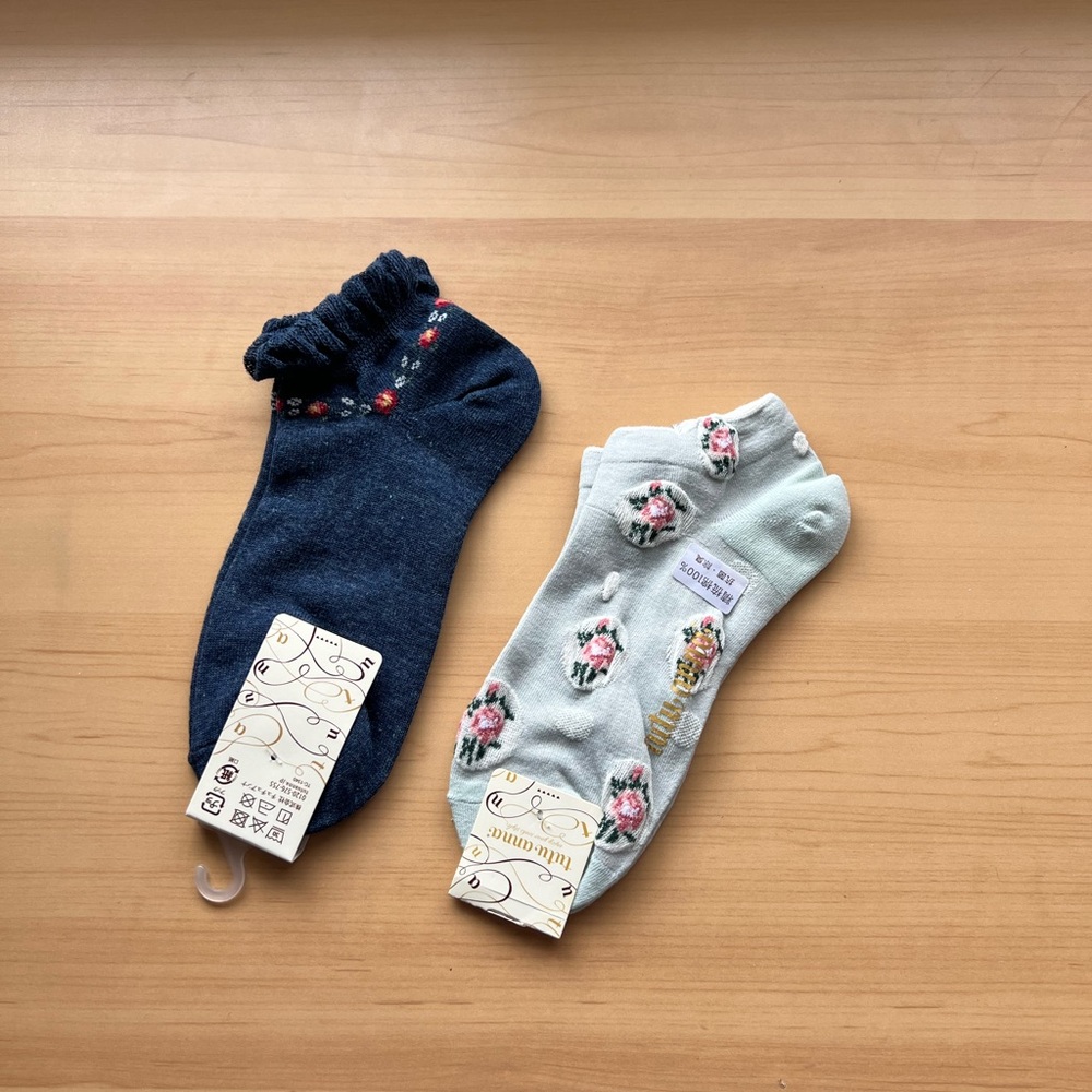Floral Ankle Socks Set - Blue and Mint